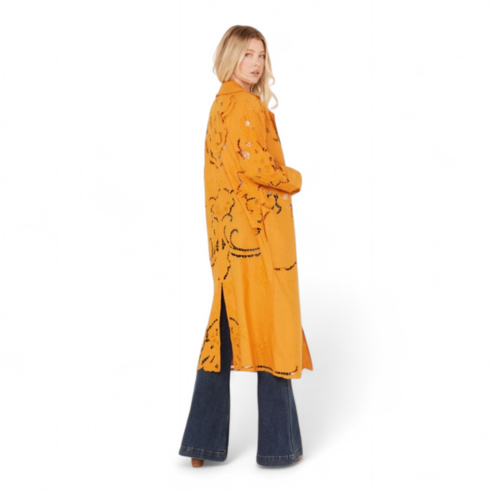 Free People Eyelet Linen Susanna Autumn Marigold Duster Jacket XS NWOT - Picture 14 of 15